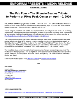 The Fab Four – the Ultimate Beatles Tribute to Perform at Pikes Peak Center on April 10, 2020