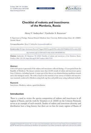 Checklist of Rodents and Insectivores of the Mordovia, Russia