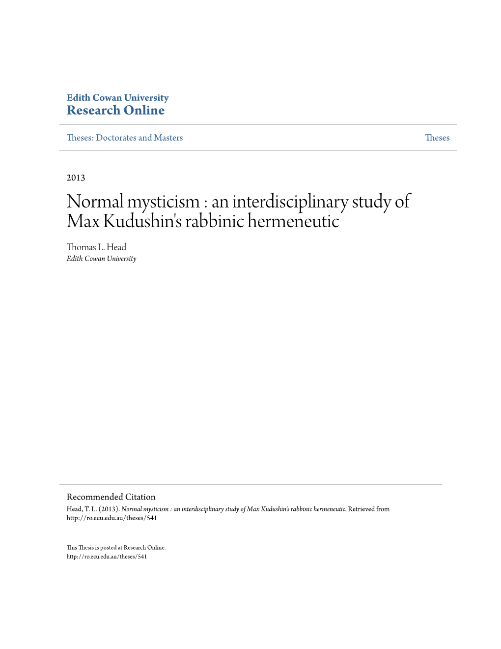 An Interdisciplinary Study of Max Kudushin's Rabbinic Hermeneutic Thomas L