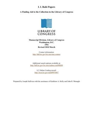 I. I. Rabi Papers [Finding Aid]. Library of Congress. [PDF Rendered Tue Apr