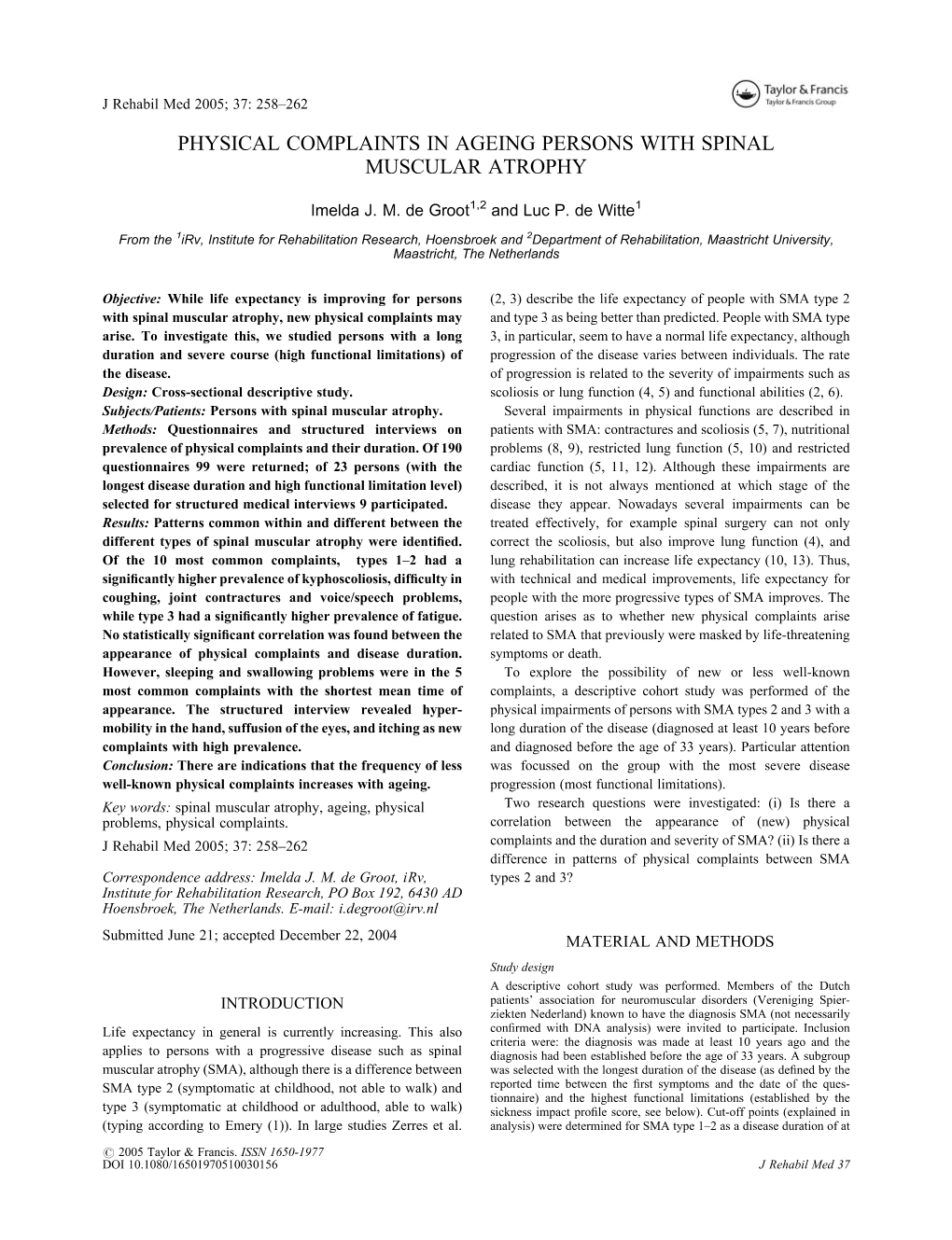 Physical Complaints in Ageing Persons with Spinal Muscular Atrophy