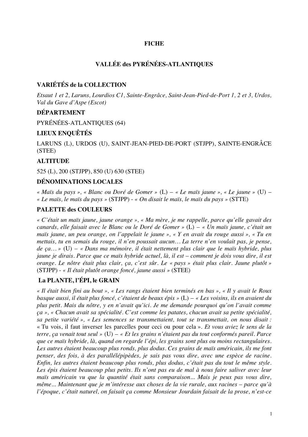 FICHE VALLÉE Des PYRÉNÉES-ATLANTIQUES VARIÉTÉS De La COLLECTION Etsaut 1 Et 2, Laruns, Lourdios C1, Sainte-Engrâce, Saint