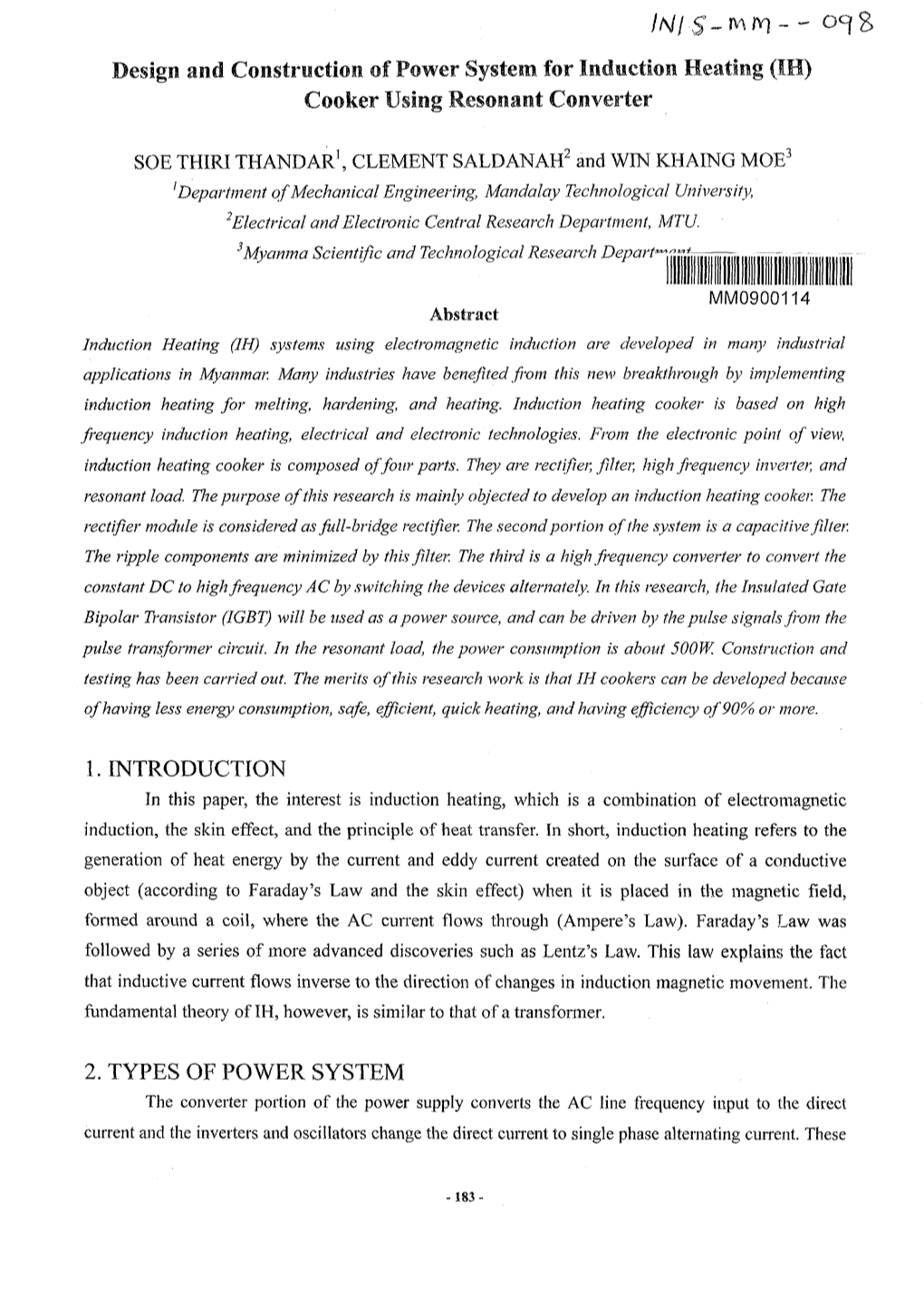 Design and Construction of Power System for Induction Heating (IH) Cooker Using Resonant Converter