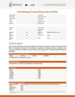 Sample Report for Hematology Fusion/Expression Profile
