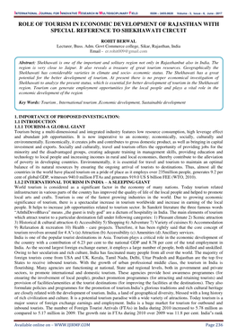 Role of Tourism in Economic Development of Rajasthan with Special Reference to Shekhawati Circuit