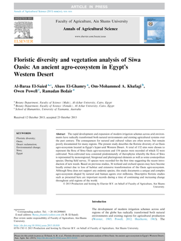Floristic Diversity and Vegetation Analysis of Siwa Oasis: an Ancient Agro-Ecosystem in Egyptâ€™S Western Desert