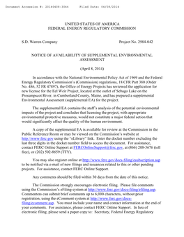 Eel Weir FERC Environmental Assessment Supplement 2014