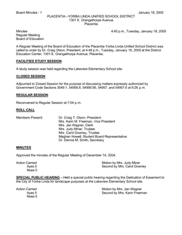 Board Minutes - 1 January 18, 2005 PLACENTIA –YORBA LINDA UNIFIED SCHOOL DISTRICT 1301 E