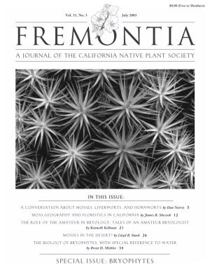 Special Issue: Bryophytes California Native Plant Society Fremontia Membership Vol