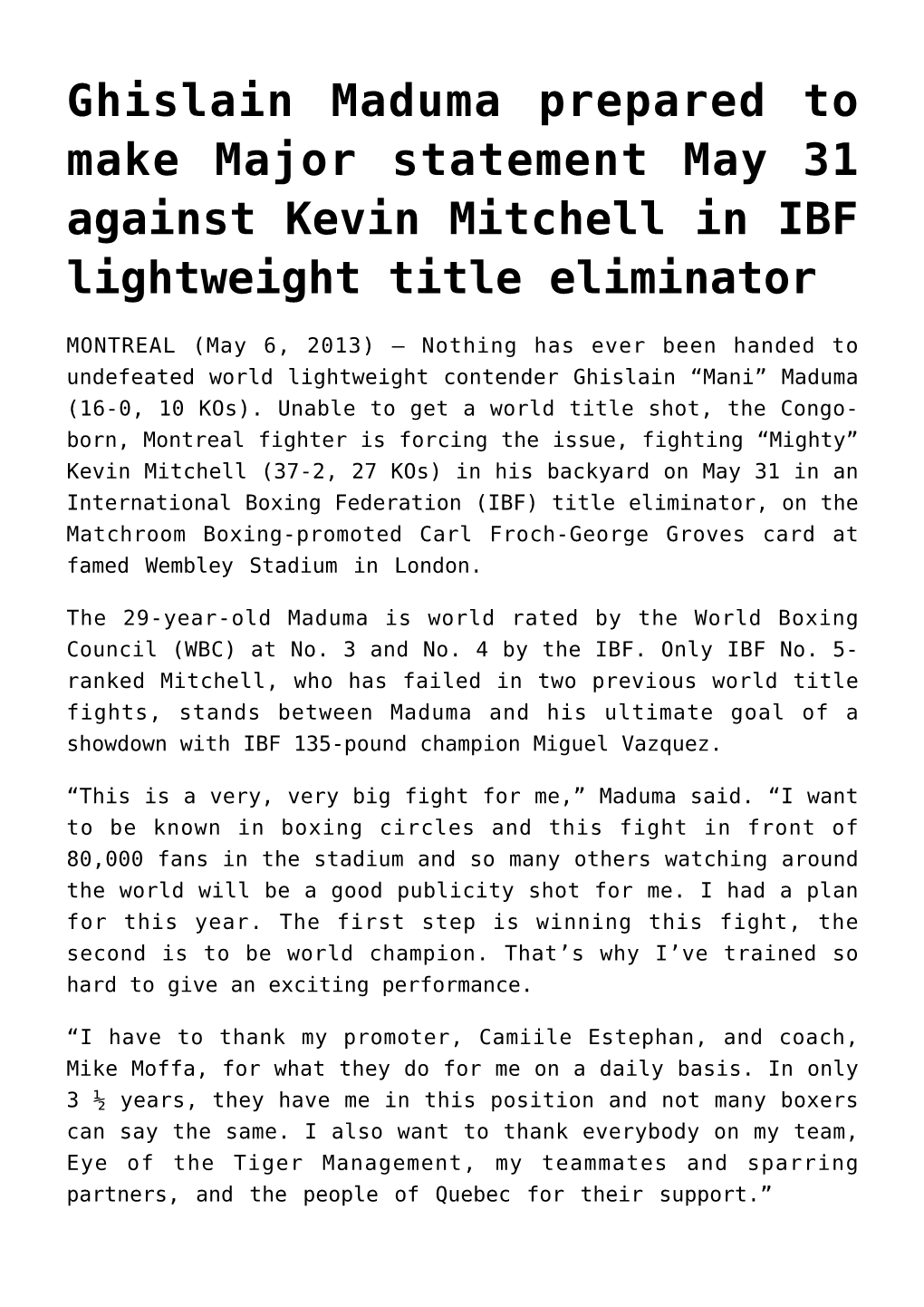 Ghislain Maduma Prepared to Make Major Statement May 31 Against Kevin Mitchell in IBF Lightweight Title Eliminator