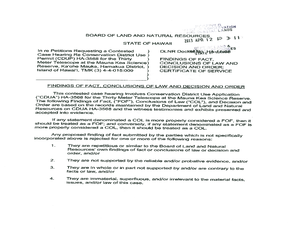 Board of Land and Natural Resources’ Own Findings of Fact Or Conclusions of Law Or Decision and Order, And/Or