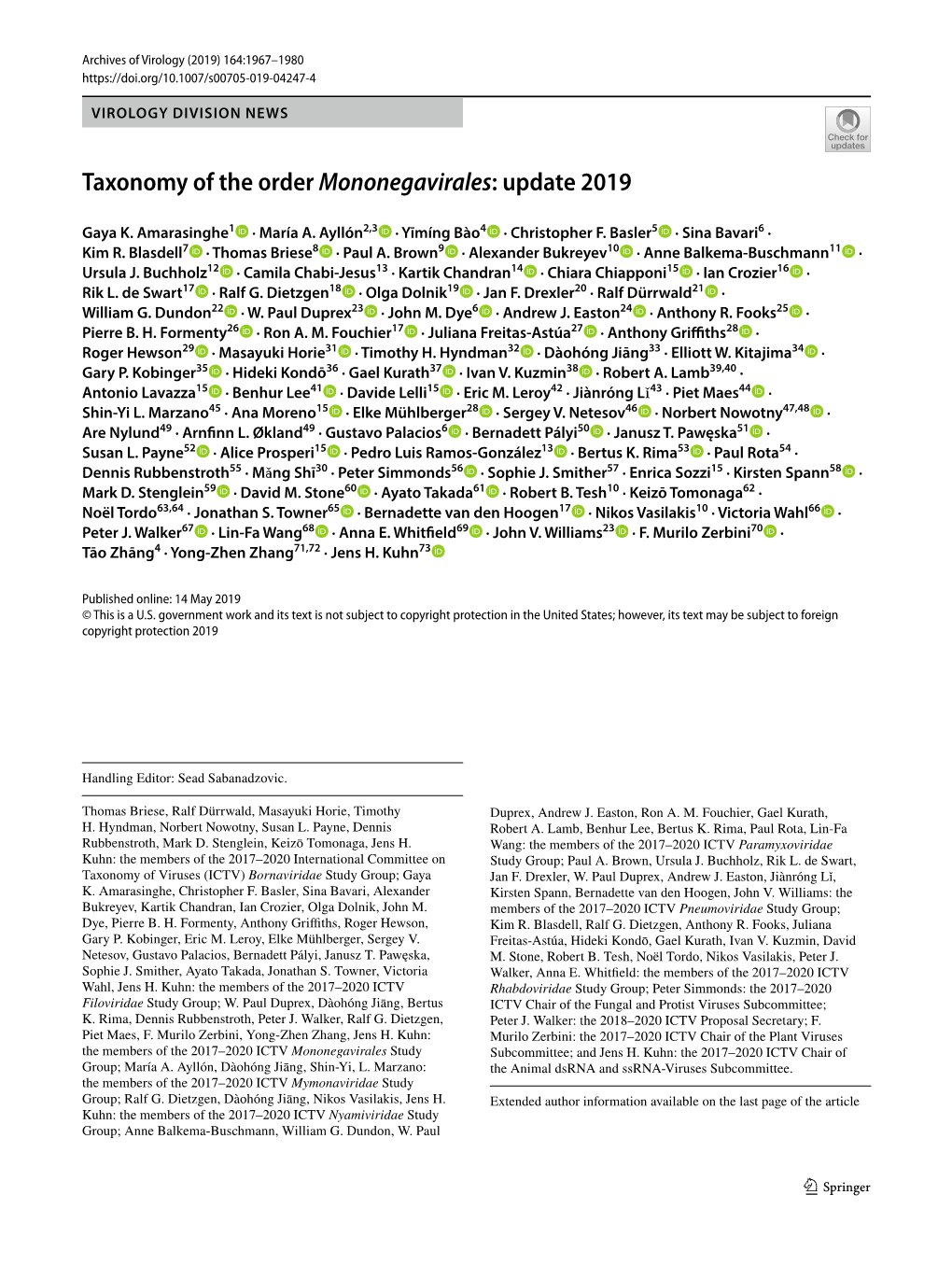 Taxonomy of the Order Mononegavirales: Update 2019