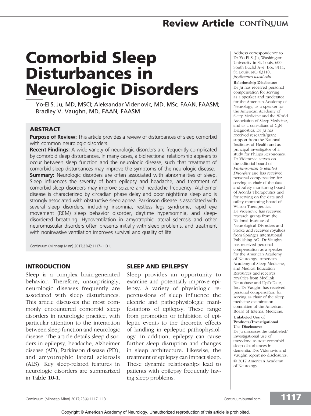 Comorbid Sleep Disturbances in Neurologic Disorders