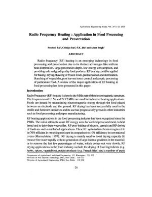 Radio Frequency Heating : Application in Food Processing and Preservation