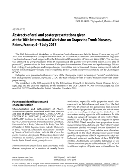 Abstracts of Oral and Poster Presentations Given at the 10Th International Workshop on Grapevine Trunk Diseases, Reims, France, 4–7 July 2017