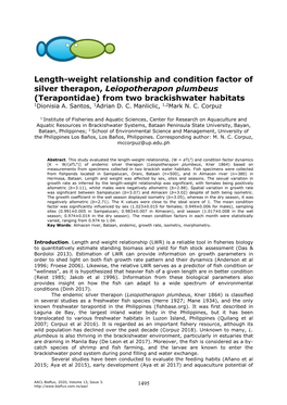 Length-Weight Relationship and Condition Factor of Silver Therapon, Leiopotherapon Plumbeus (Terapontidae) from Two Brackishwater Habitats 1Dionisia A
