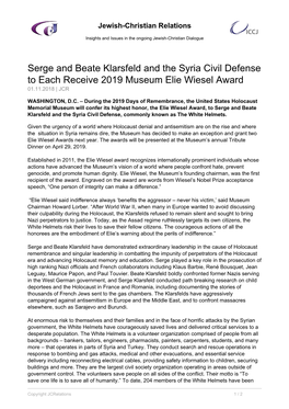 Serge and Beate Klarsfeld and the Syria Civil Defense to Each Receive 2019 Museum Elie Wiesel Award 01.11.2018 | JCR