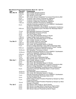 SEC Network Programming Schedule: March 30 – April 12 Date Time (ET) Programming Mon, Mar 30 Midnight SEC Football: Georgia at Auburn 2:30 A.M