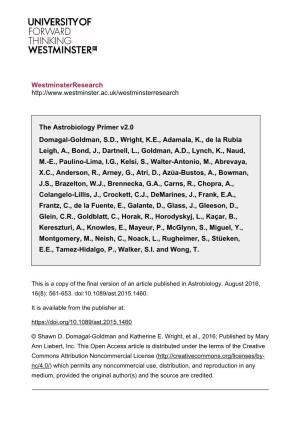 Westminsterresearch the Astrobiology Primer V2.0 Domagal-Goldman, S.D., Wright, K.E., Adamala, K., De La Rubia Leigh, A., Bond