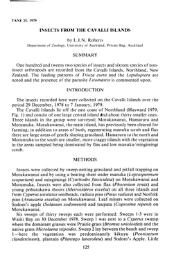 INSECTS from the CAVALLI ISLANDS by L.I.N. Roberts SUMMARY One Hundred and Twenty Two Species of Insects and Sixteen Species Of