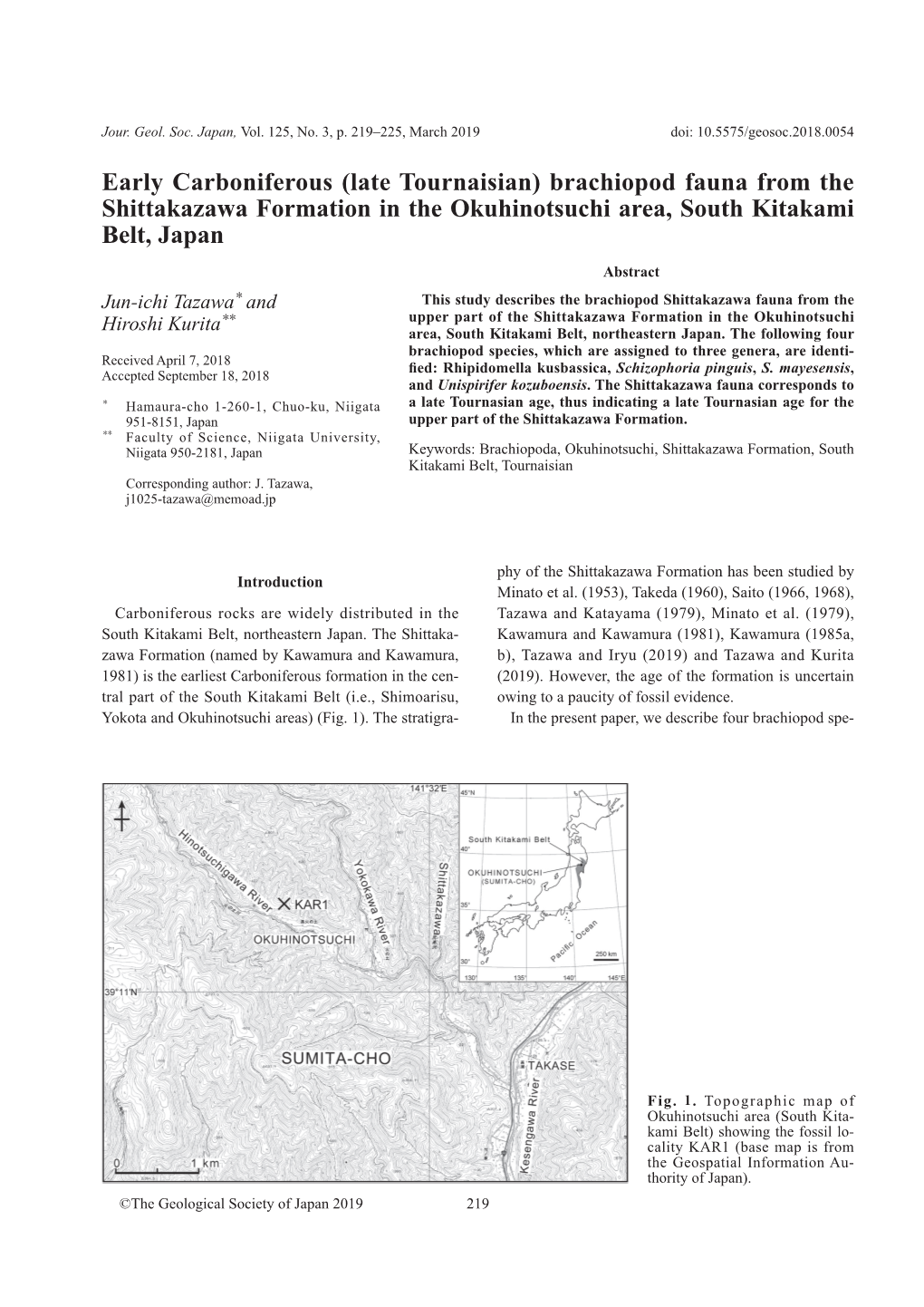 Early Carboniferous (Late Tournaisian) Brachiopod Fauna from the Shittakazawa Formation in the Okuhinotsuchi Area, South Kitakami Belt, Japan