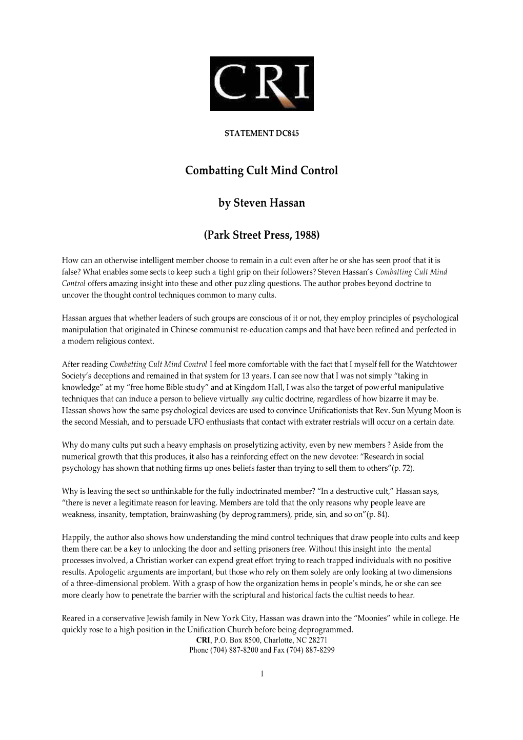 Combatting Cult Mind Control by Steven Hassan (Park Street Press