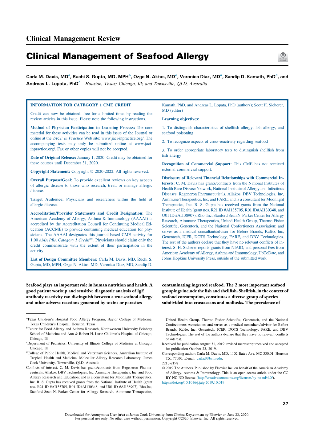 Clinical Management of Seafood Allergy