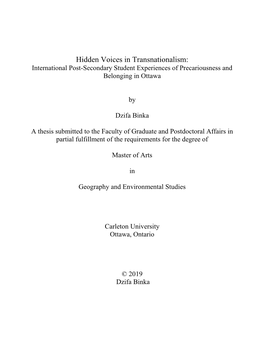 Hidden Voices in Transnationalism: International Post-Secondary Student Experiences of Precariousness and Belonging in Ottawa