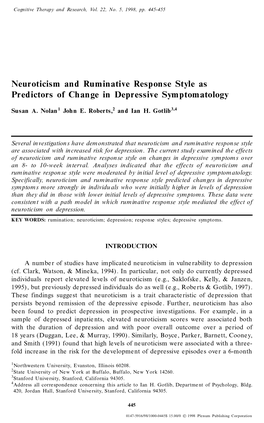 Neuroticism and Ruminative Response Style As Predictors of Change in Depressive Symptomatology