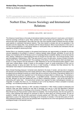 Norbert Elias, Process Sociology and International Relations Written by Andrew Linklater