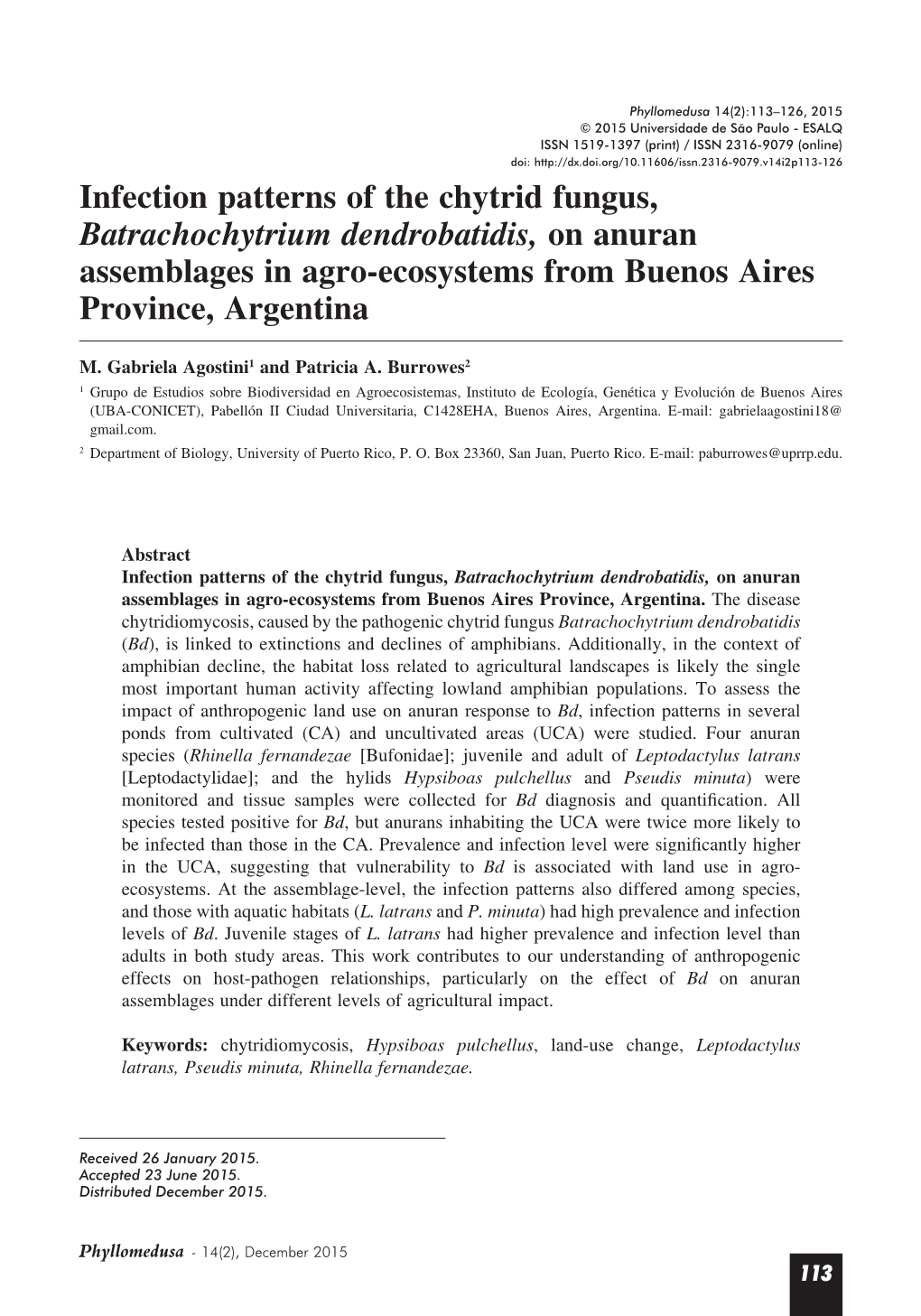 Infection Patterns of the Chytrid Fungus, Batrachochytrium Dendrobatidis, on Anuran Assemblages in Agro-Ecosystems from Buenos Aires Province, Argentina