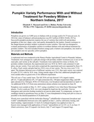 Pumpkin Variety Performance with and Without Treatment for Powdery Mildew in Northern Indiana, 2017