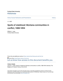 Spoils of Statehood: Montana Communities in Conflict, 1888-1894