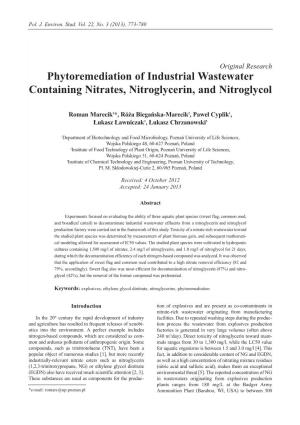 Phytoremediation of Industrial Wastewater Containing Nitrates, Nitroglycerin, and Nitroglycol