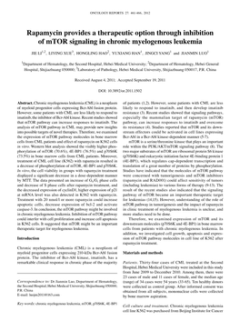 Rapamycin Provides a Therapeutic Option Through Inhibition of Mtor Signaling in Chronic Myelogenous Leukemia