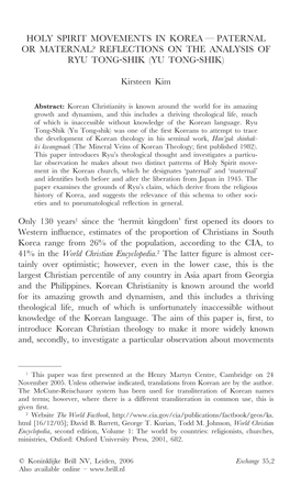 Holy Spirit Movements in Korea — Paternal Or Maternal? Reflections on the Analysis of Ryu Tong-Shik (Yu Tong-Shik)