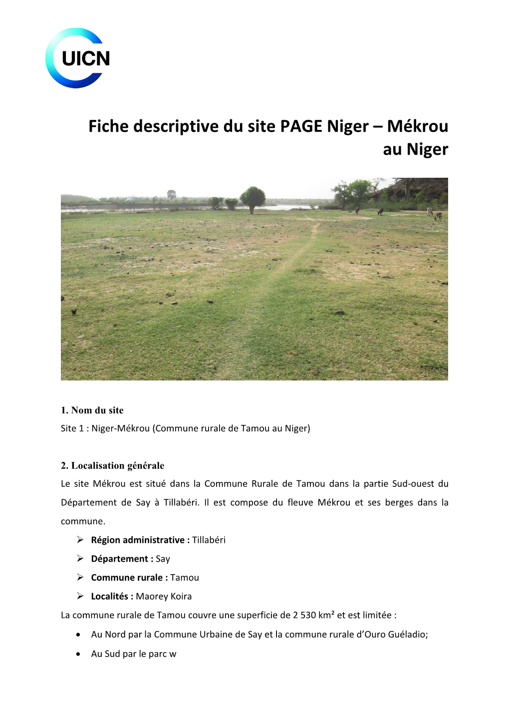 Fiche Descriptive Du Site PAGE Niger – Mékrou Au Niger