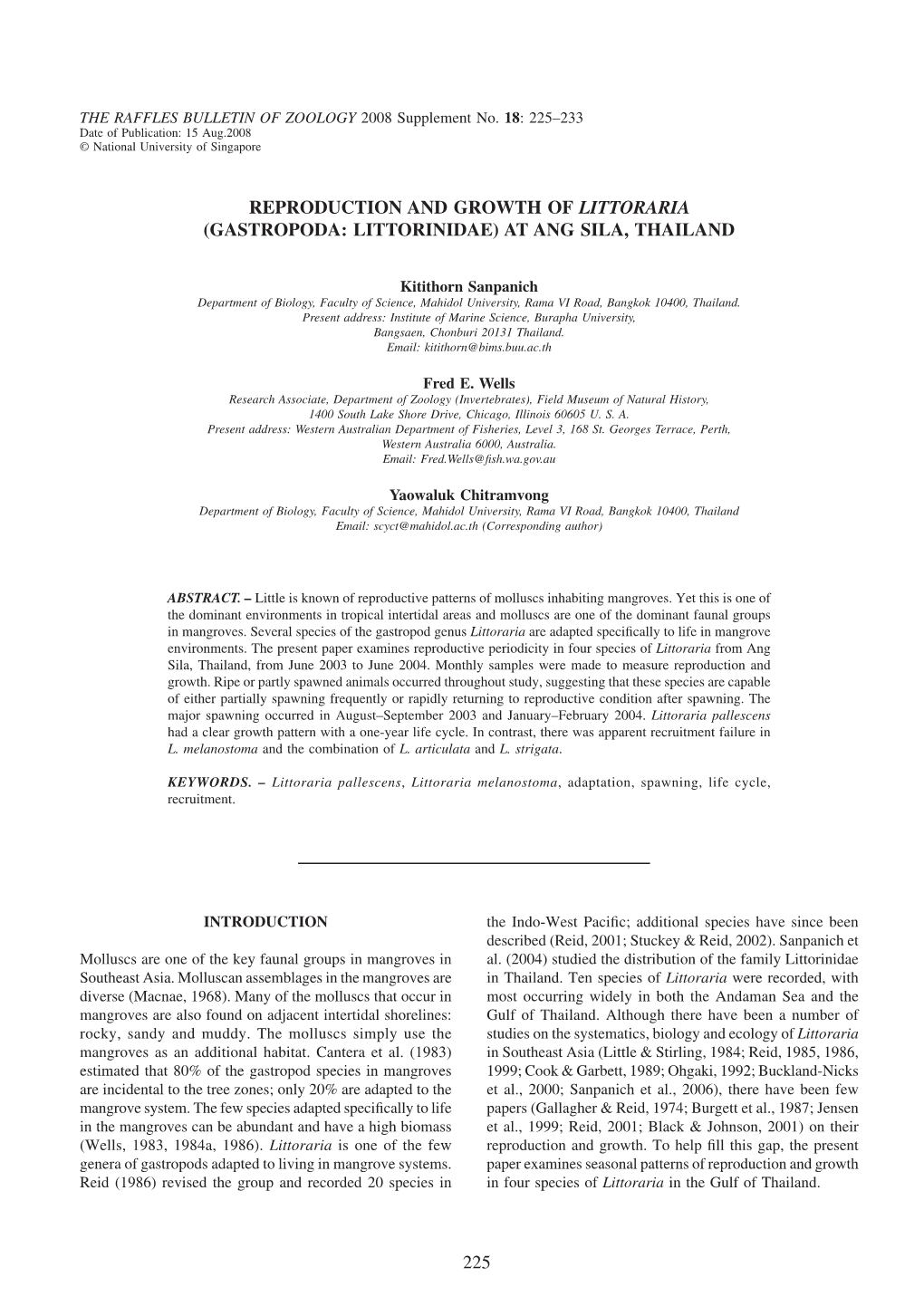 14 Sanpanich Pg 225-233.Indd 225 8/14/08 4:48:10 PM Sanpanich Et Al.: Reproduction and Growth of Littoraria