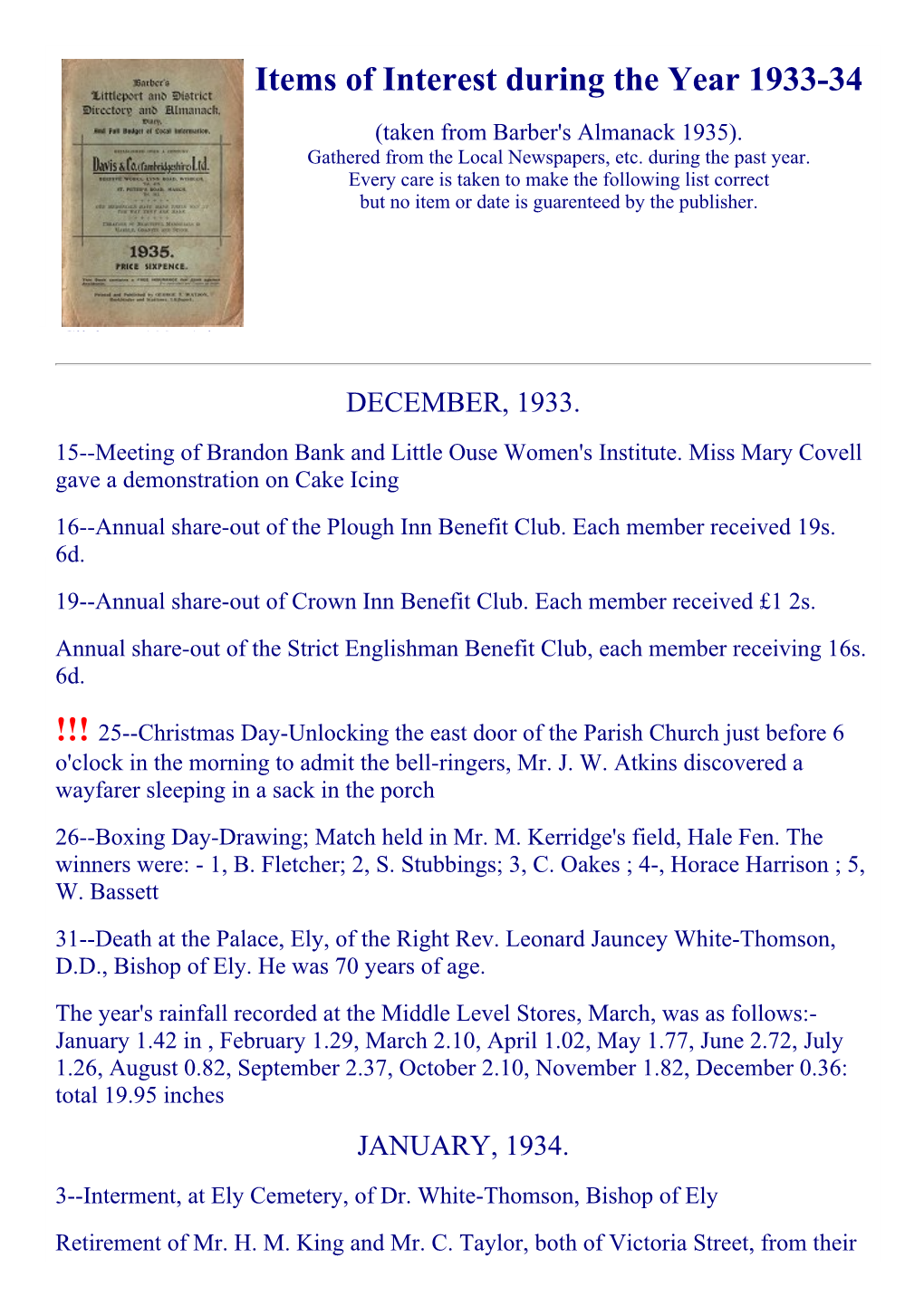 Items of Interest During the Year 193334