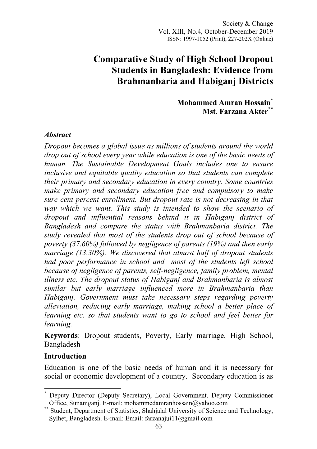 Comparative Study of High School Dropout Students in Bangladesh: Evidence from Brahmanbaria and Habiganj Districts