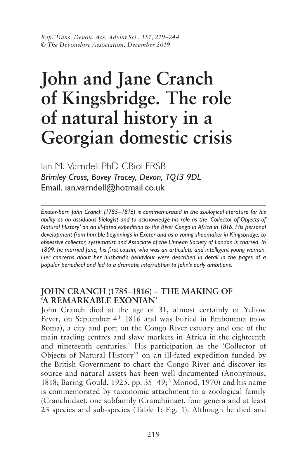 John and Jane Cranch of Kingsbridge. the Role of Natural History in a Georgian Domestic Crisis