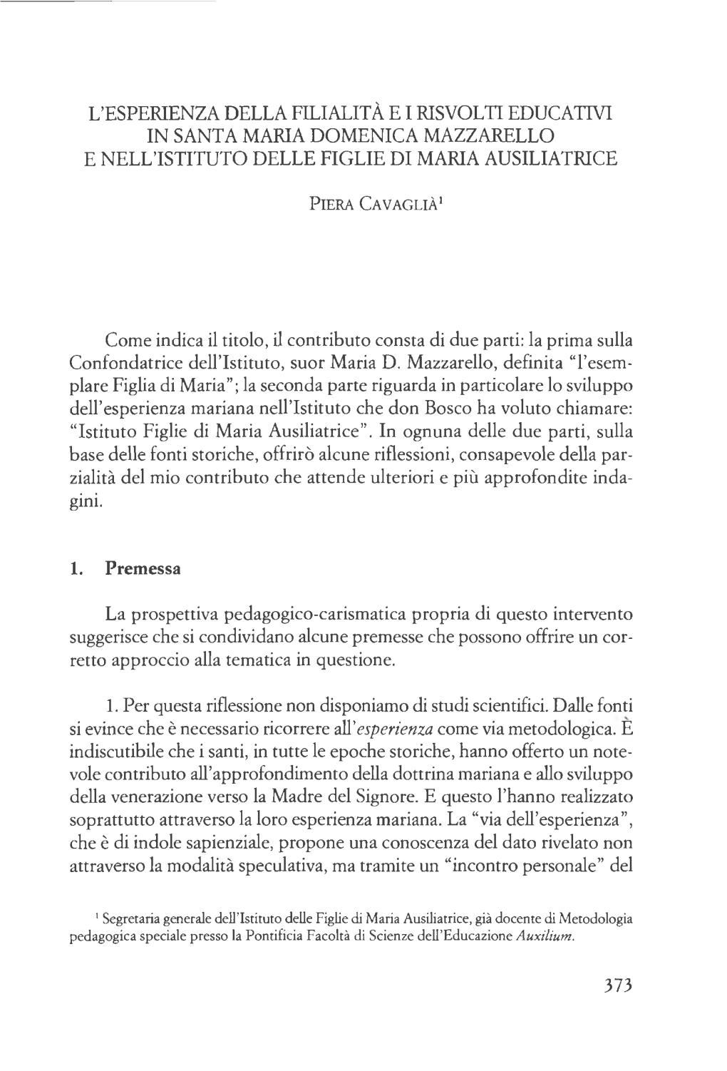 CAVAGLIÀ Piera, L'esperienza Della Filialità E I Risvolti Educativi in Santa