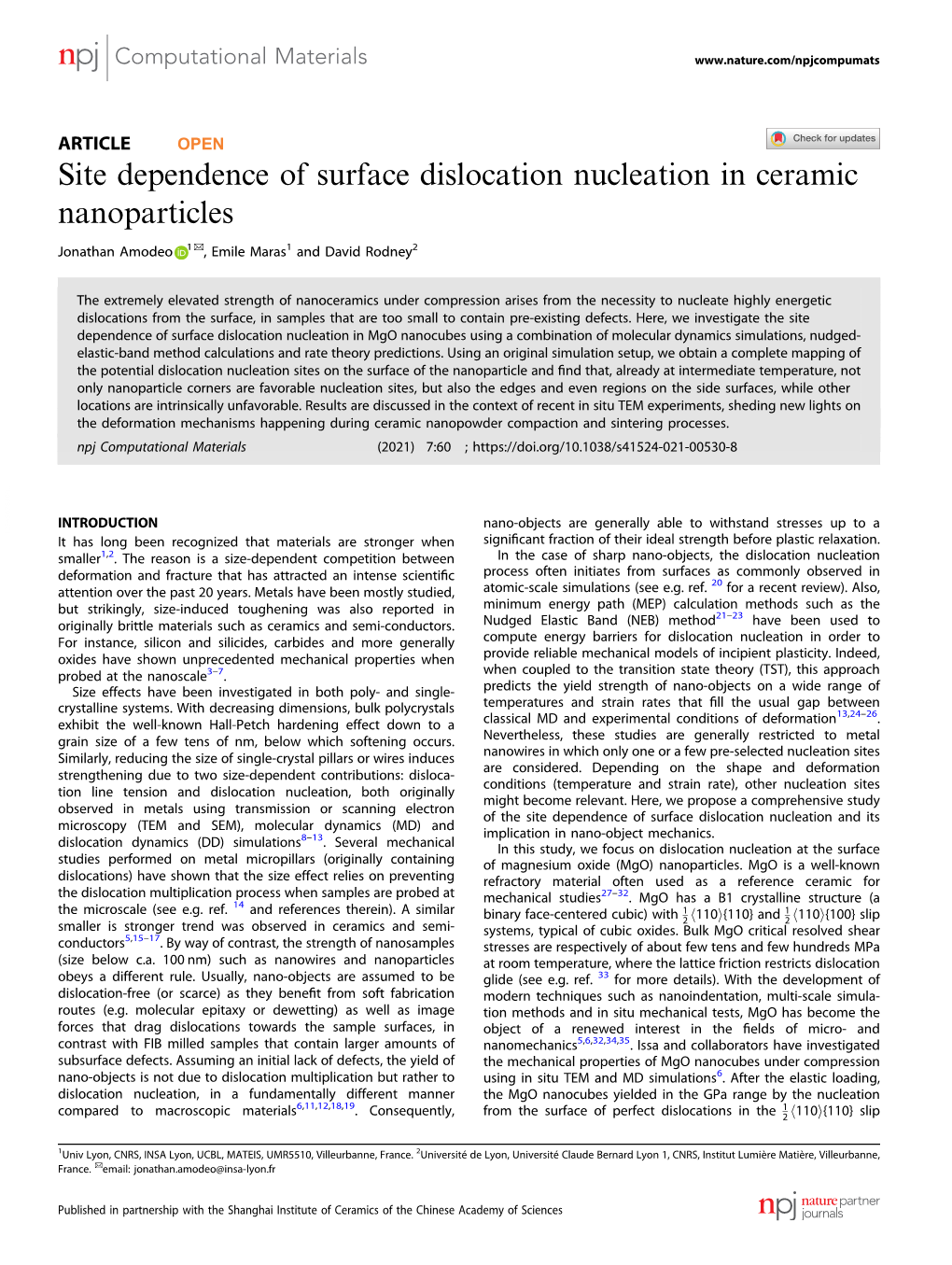 Site Dependence of Surface Dislocation Nucleation in Ceramic Nanoparticles ✉ Jonathan Amodeo 1 , Emile Maras1 and David Rodney2