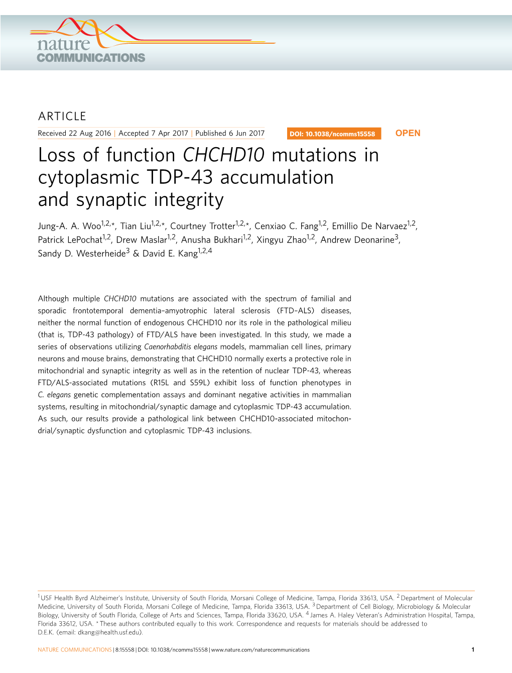 Loss of Function CHCHD10 Mutations in Cytoplasmic TDP-43 Accumulation and Synaptic Integrity