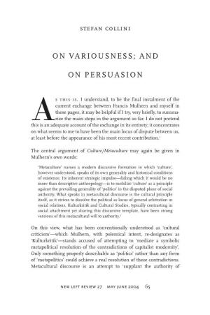 On Variousness; and on Persuasion