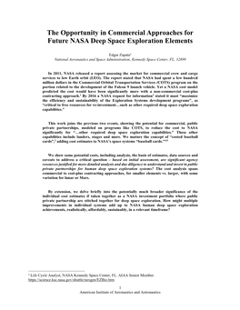 The Opportunity in Commercial Approaches for Future NASA Deep Space Exploration Elements
