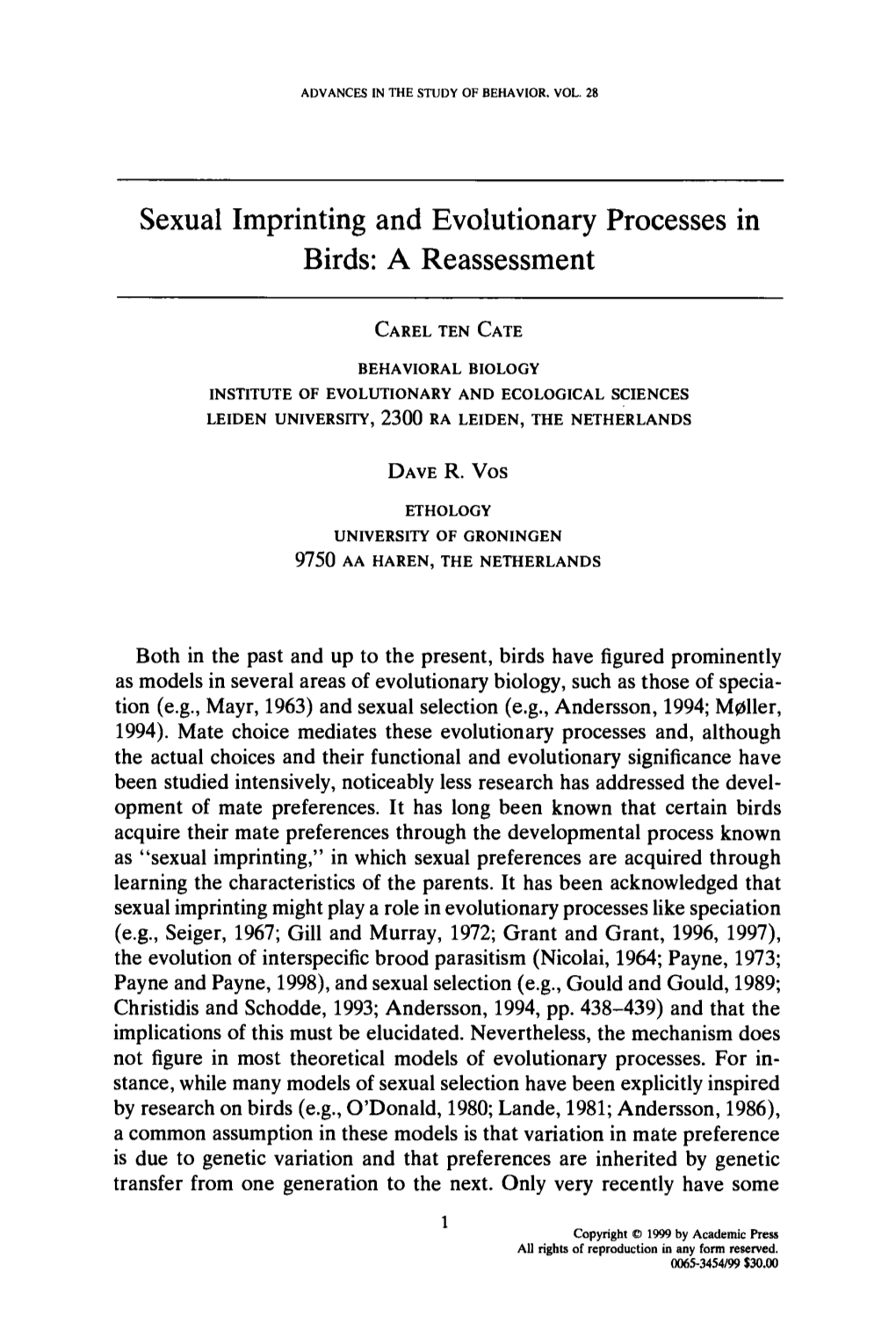 Sexual Imprinting and Evolutionary Processes in Birds: a Reassessment