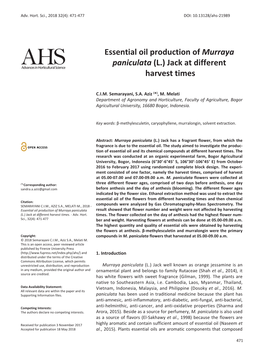 Essential Oil Production of Murraya Paniculata (L.) Jack at Different Advances Inh Horticulturas L Science Harvest Times