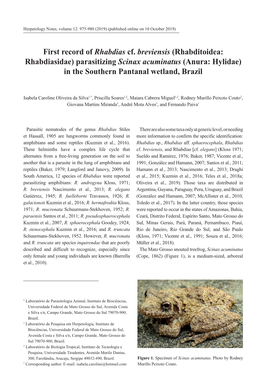 First Record of Rhabdias Cf. Breviensis (Rhabditoidea: Rhabdiasidae) Parasitizing Scinax Acuminatus (Anura: Hylidae) in the Southern Pantanal Wetland, Brazil