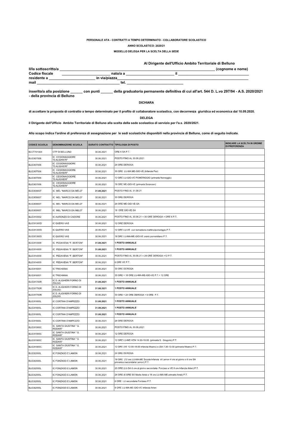 Al Dirigente Dell'ufficio Ambito Territoriale Di Belluno Il/La Sottoscritto